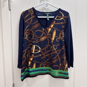 Lauren Ralph Lauren 70% silk and 30% cotton Navy V-neck long sleeve shirt